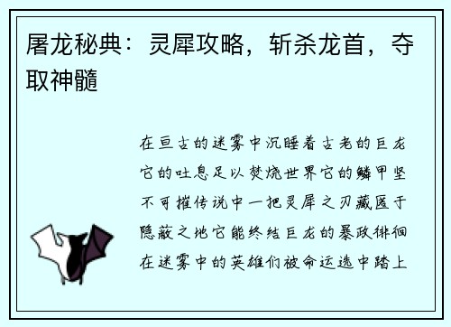 屠龙秘典：灵犀攻略，斩杀龙首，夺取神髓